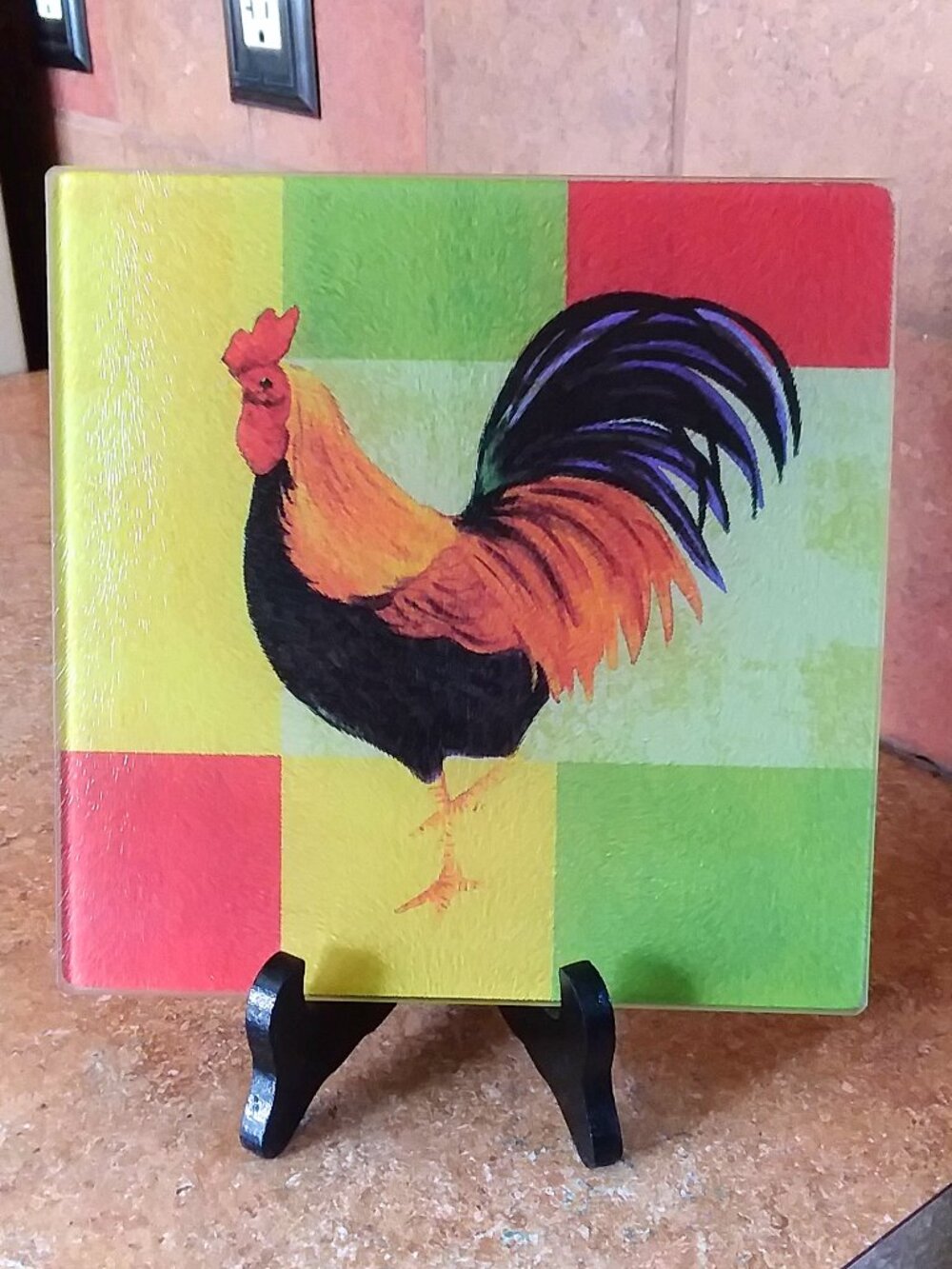 Rooster Glass Cutting Board Trivet 7 3/4" Square, Cheese Tray, Rooster Kitchen